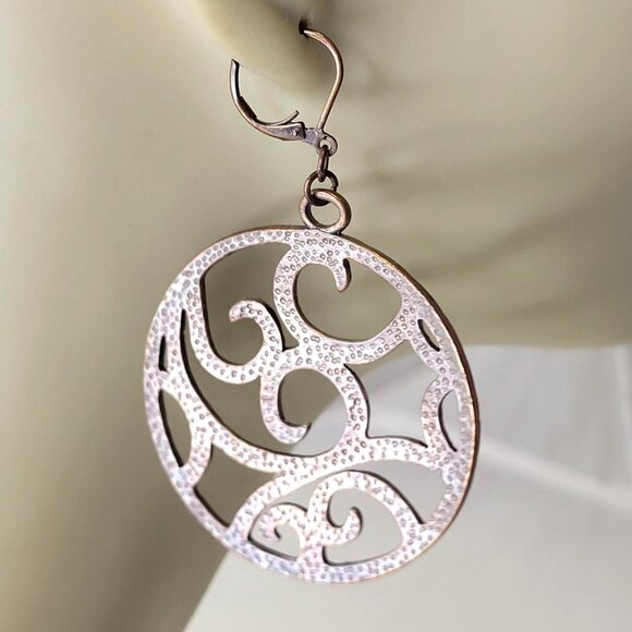 Round Antique Bronze Hued Filigree Earrings - Picture 2 of 12